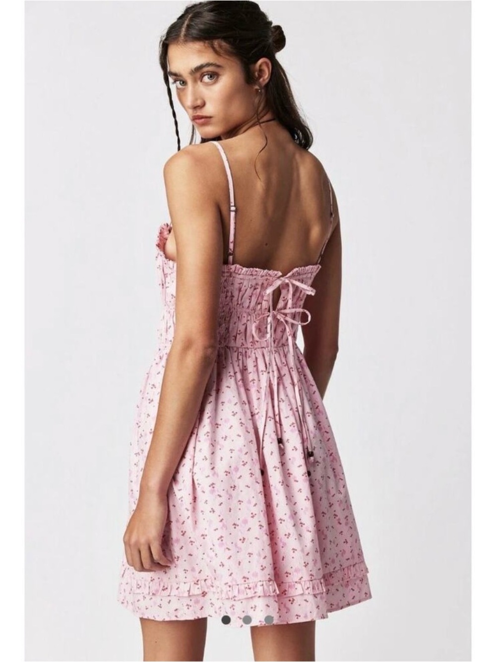 Free People Gabby Mini Pink Cherry Floral Babydoll Smocked Dress